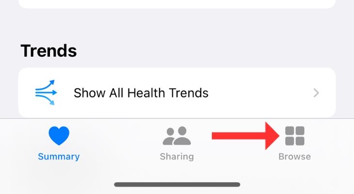 Screenshot of Apple Health's home screen with an arrow next to the Browse option.