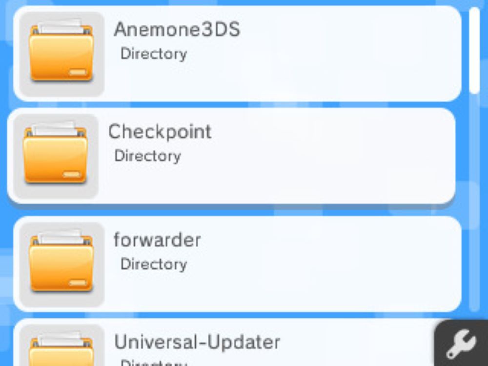 The available apps and files on the 3DS viewed from the Homebrew Launcher, where you will find the necessary app.
