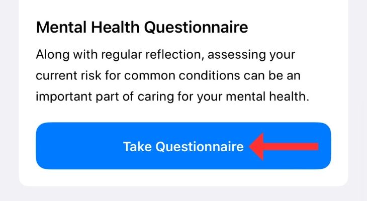 Screenshot of the Health app with an arrow next to Take Questionnaire button.