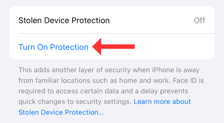 Screenshot highlighting the option to enable Stolen Device Protection on iPhone.