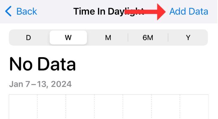 Screenshot of the Add Data option in Time in Daylight menu in Apple Health app.