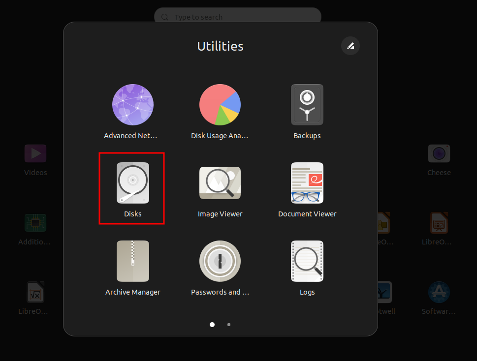 The utility app group displaying all the available utility software on Ubuntu including 'Disks'