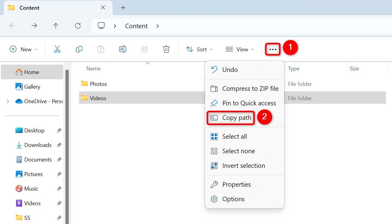 The three dots and 'Copy Path' highlighted for an item in File Explorer.