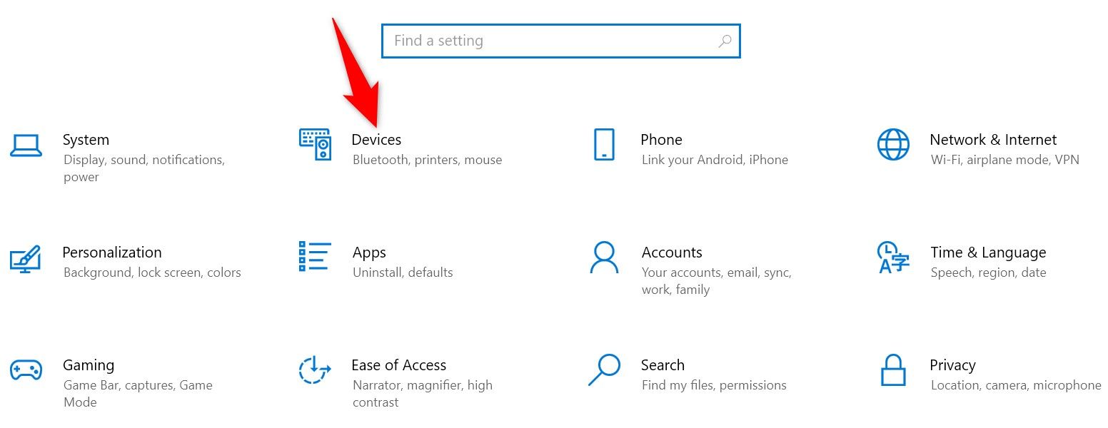 'Devices' highlighted in Windows 10 Settings.