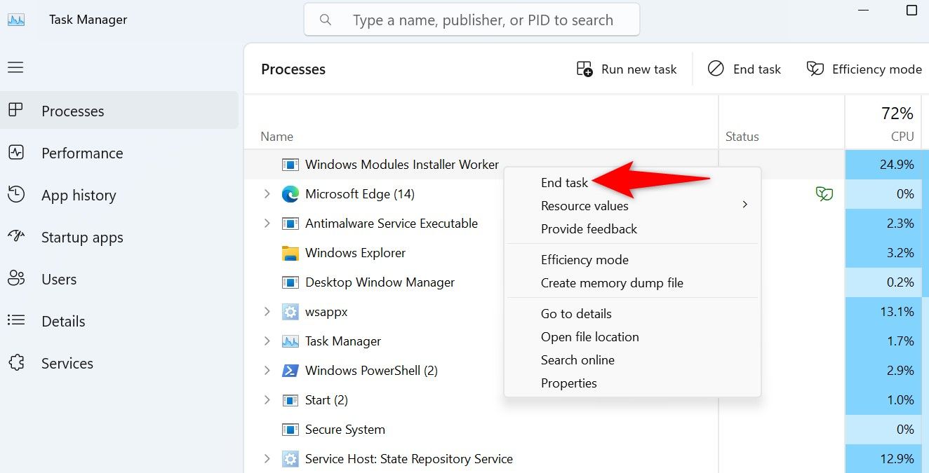 'End Task' highlighted for 'Windows Modules Installer Worker' in Task Manager.