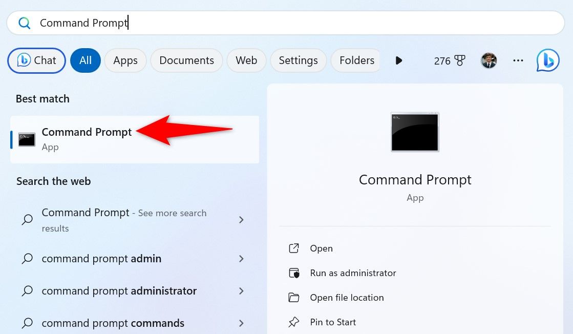 Command Prompt highlighted in Start Menu.
