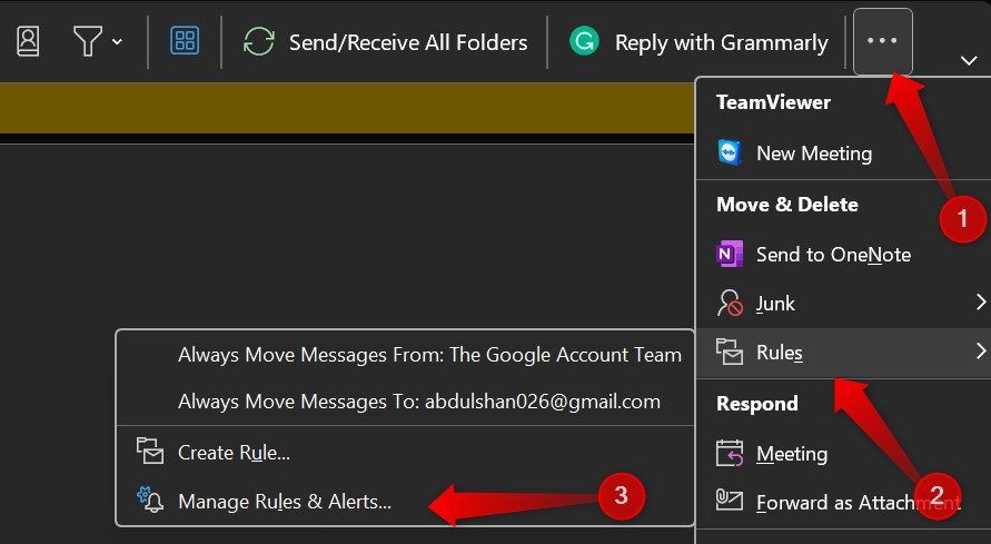 Opening the rules and alerts in Microsoft Outlook.