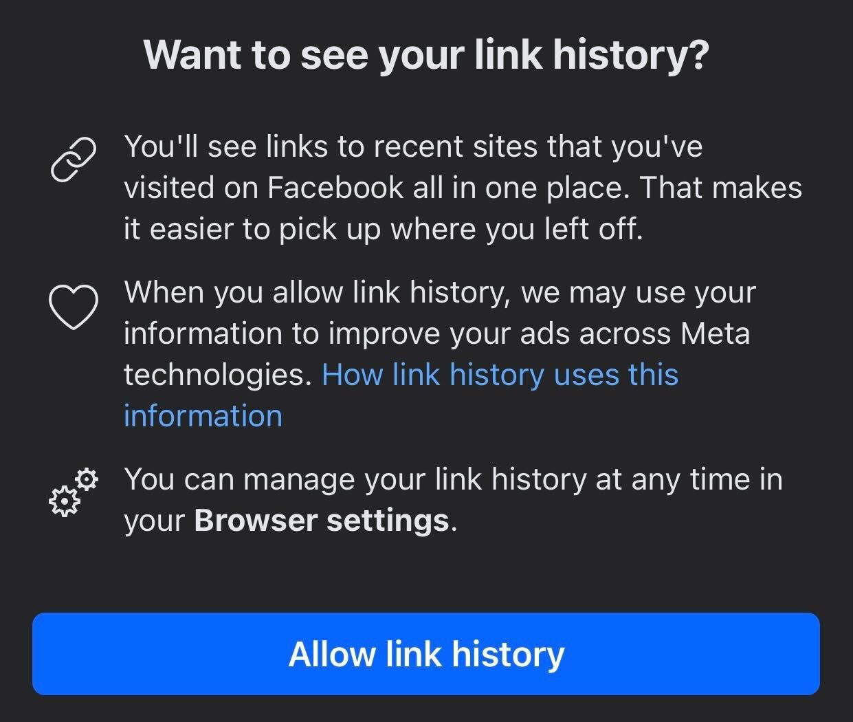 Pop-up to enable the 'Link History' on Facebook.