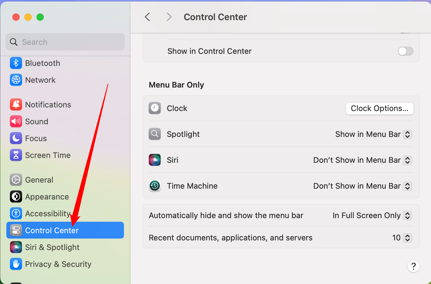 Scroll down and select 'Control Center.'