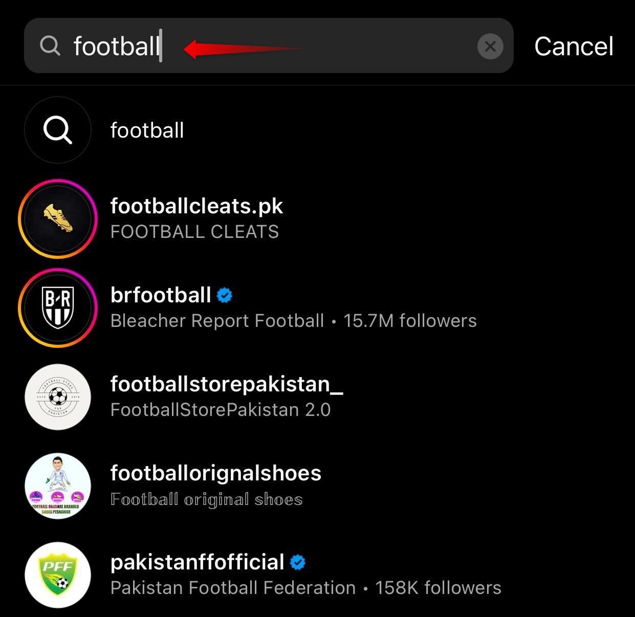Searching for an account by searching by a keyword on Instagram.