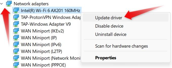 Updating a network adapter driver in the Device Manager on Windows.