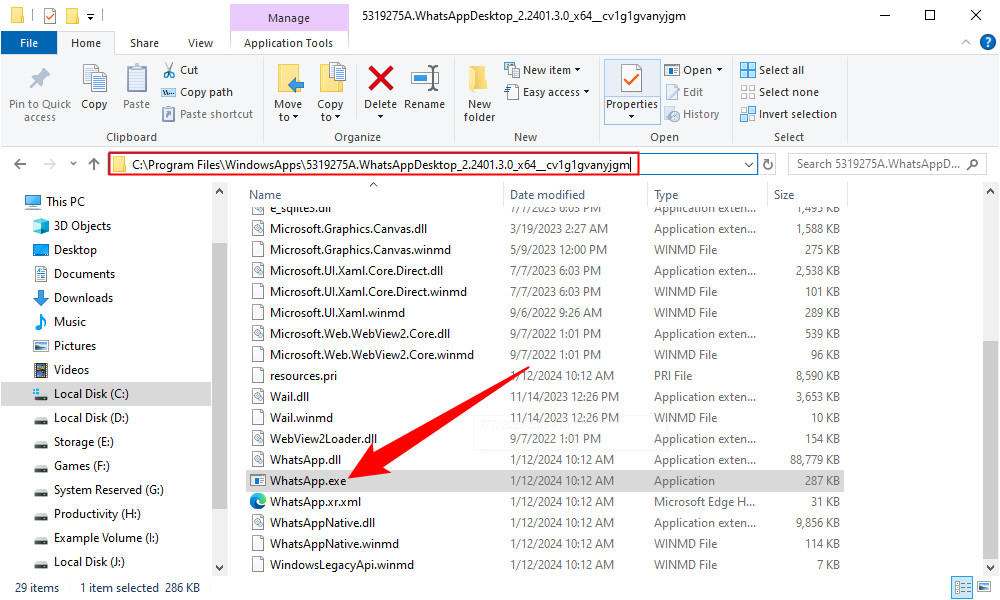 The WhatsApp exe located in the WindowsApps folder. 
