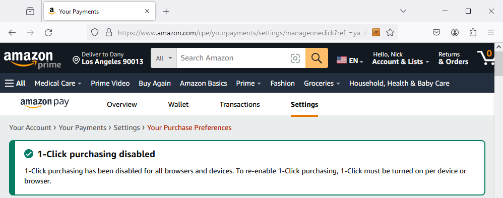 The confirmation message that 1-click purchasing has been disabled. 