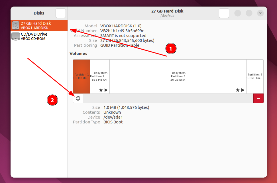 An example of the Disks utility app on Ubuntu where a disk is selected
