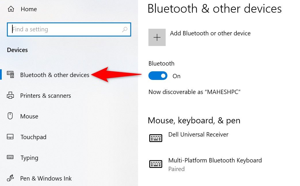 'Bluetooth & Other Devices' highlighted in Windows 10 Settings.