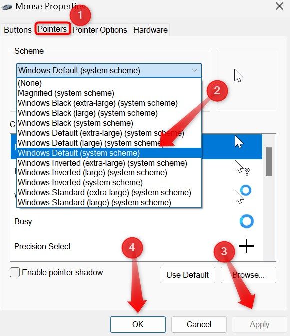 Changing the mouse pointer scheme in the Mouse Settings on Windows.