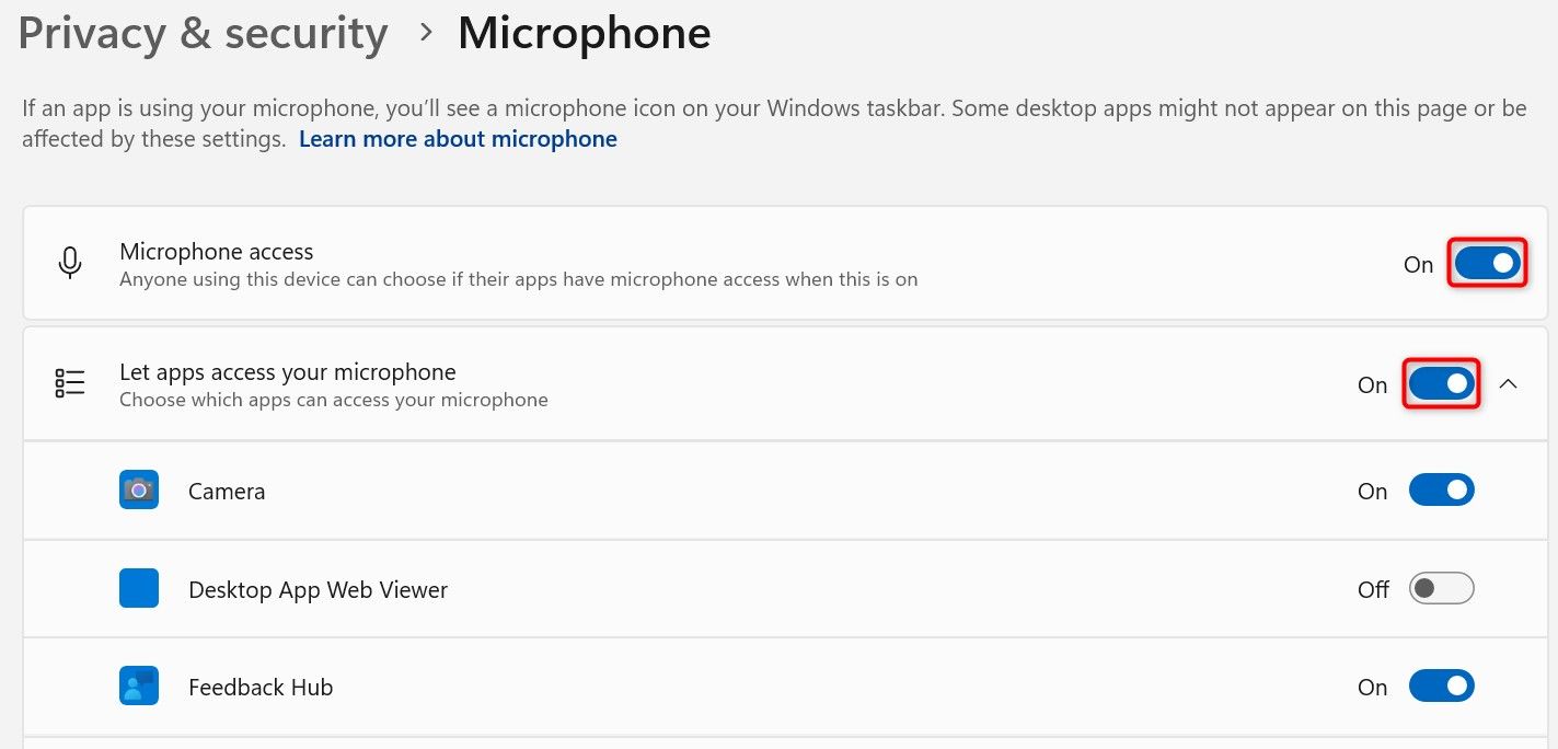 'Microphone Access' and 'Let Apps Access Your Microphone' highlighted in Windows 11 Settings.