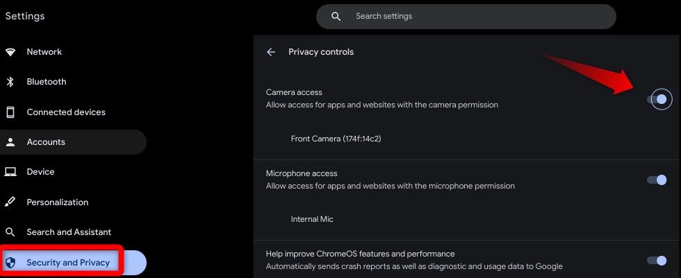 Enabling the camera access in the privacy controls settings in Chromebook Settings.