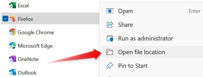 Opening the file location of the Mozilla Firefox App in the Start Menu Folder on Windows.