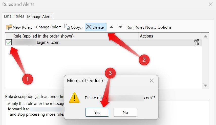 Removing a rule about forwarding email in Microsoft Outlook.