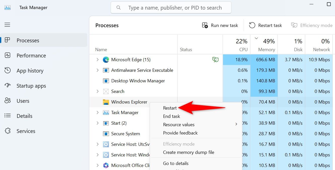 'Restart' highlighted for Windows Explorer in Task Manager.