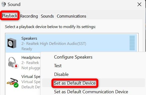 Selecting the device's audio drivers as default in sound settings on Windows.