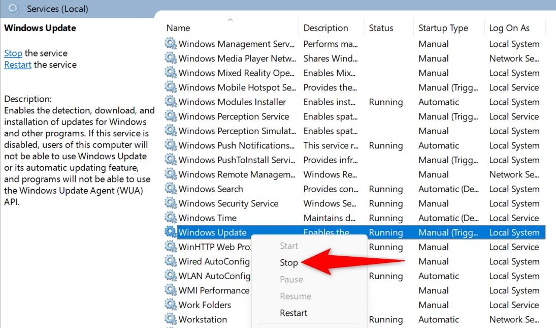 'Stop' highlighted for 'Windows Update' on the 'Services' window.