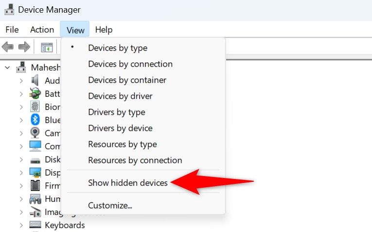 'Show Hidden Devices' highlighted in Device Manager.