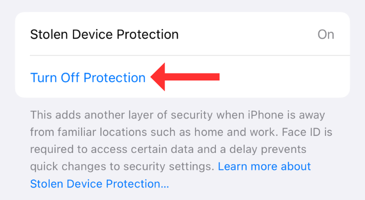 Screenshot highlighting the option to turn off Stolen Device Protection on iPhone.