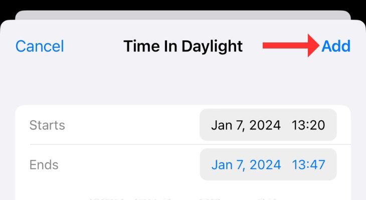 Screenshot of the Time in Daylight menu highlighting the Add button.