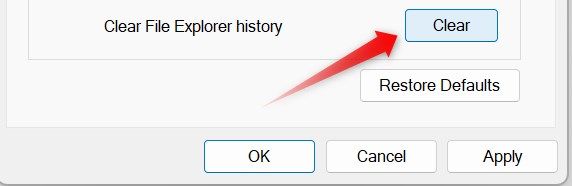 Clearing File Explorer history from the Folder Options window.