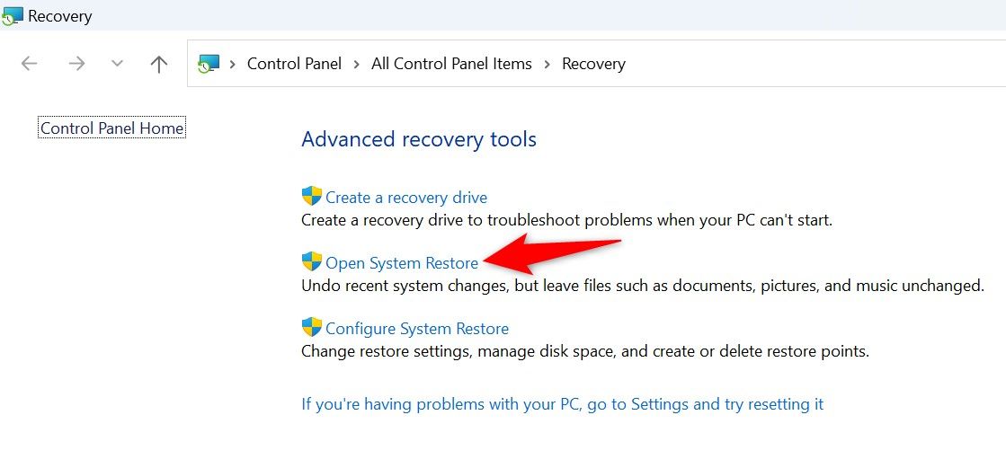 'Open System Restore' highlighted in Control Panel.