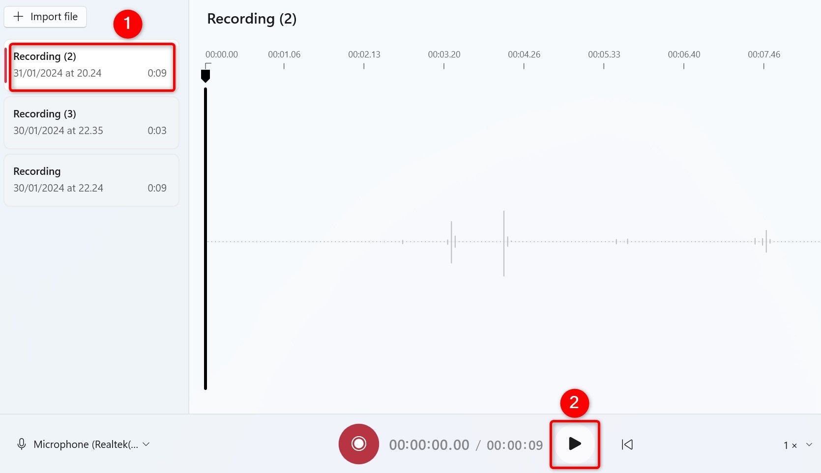 A recording and the Play button highlighted in Sound Recorder.