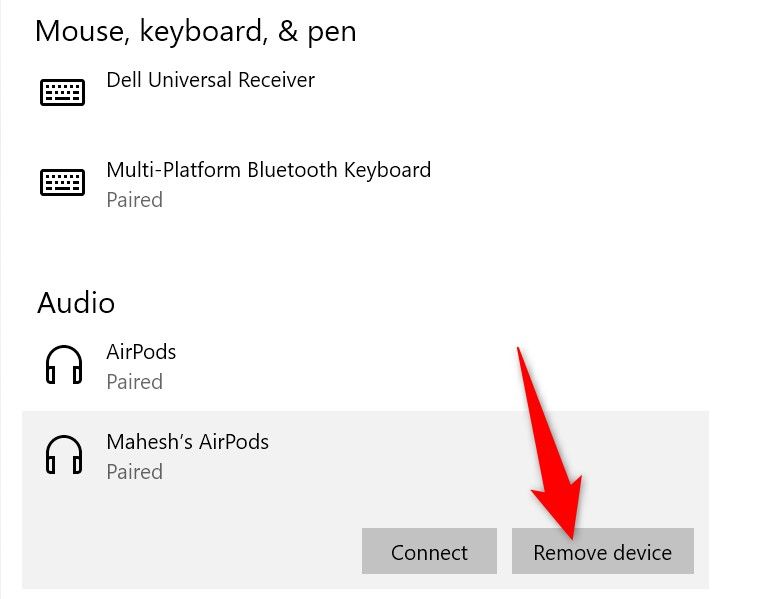 'Remove Device' highlighted for a Bluetooth device in Windows 10 Settings.