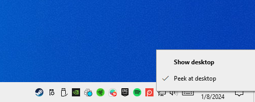The show desktop button has a right-click menu with 'Show Desktop' and 'Peak at Desktop' as options. 