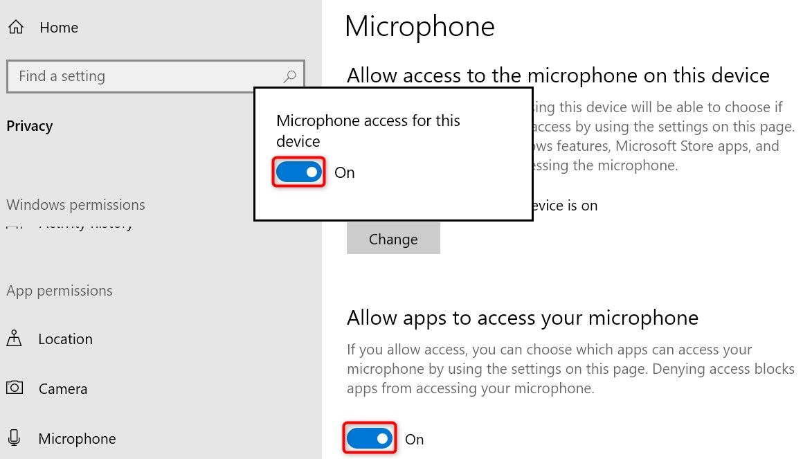 The 'Change' toggle and 'Allow Apps to Access Your Microphone' highlighted in Windows 10 Settings.