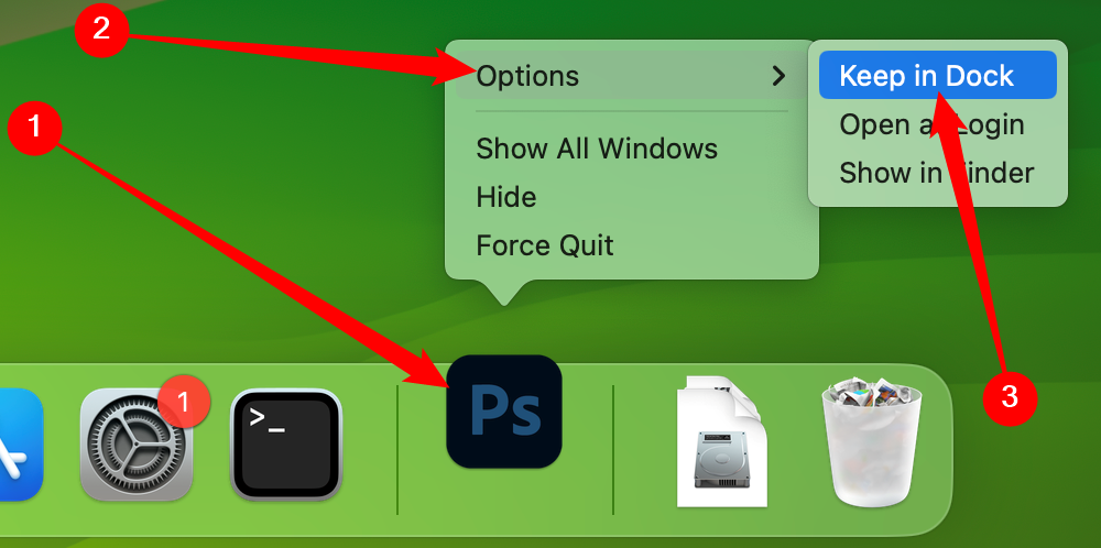 Right-click the active program icon, then navigate to Options > Keep in Dock.