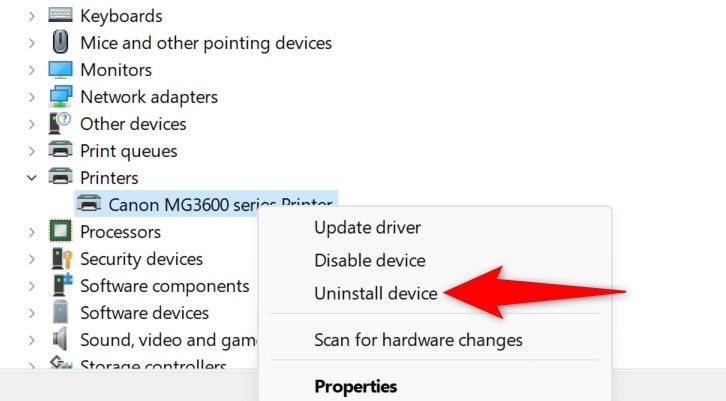 'Uninstall Device' highlighted for a printer in Device Manager.