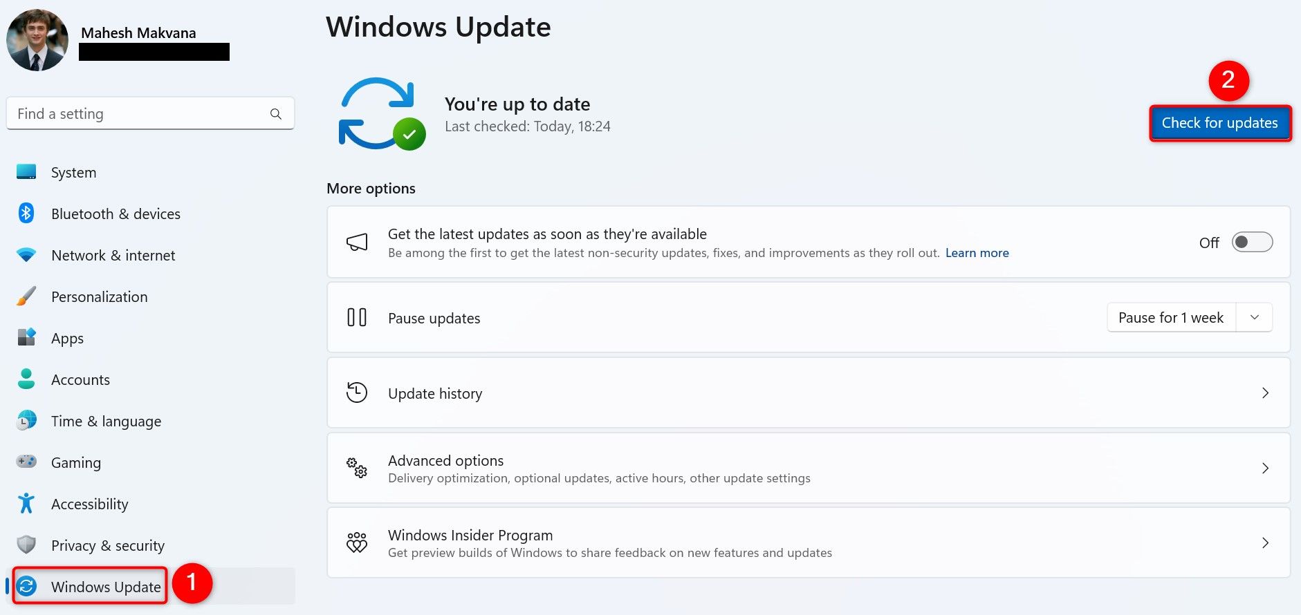 'Check for Updates' highlighted in Windows Settings.