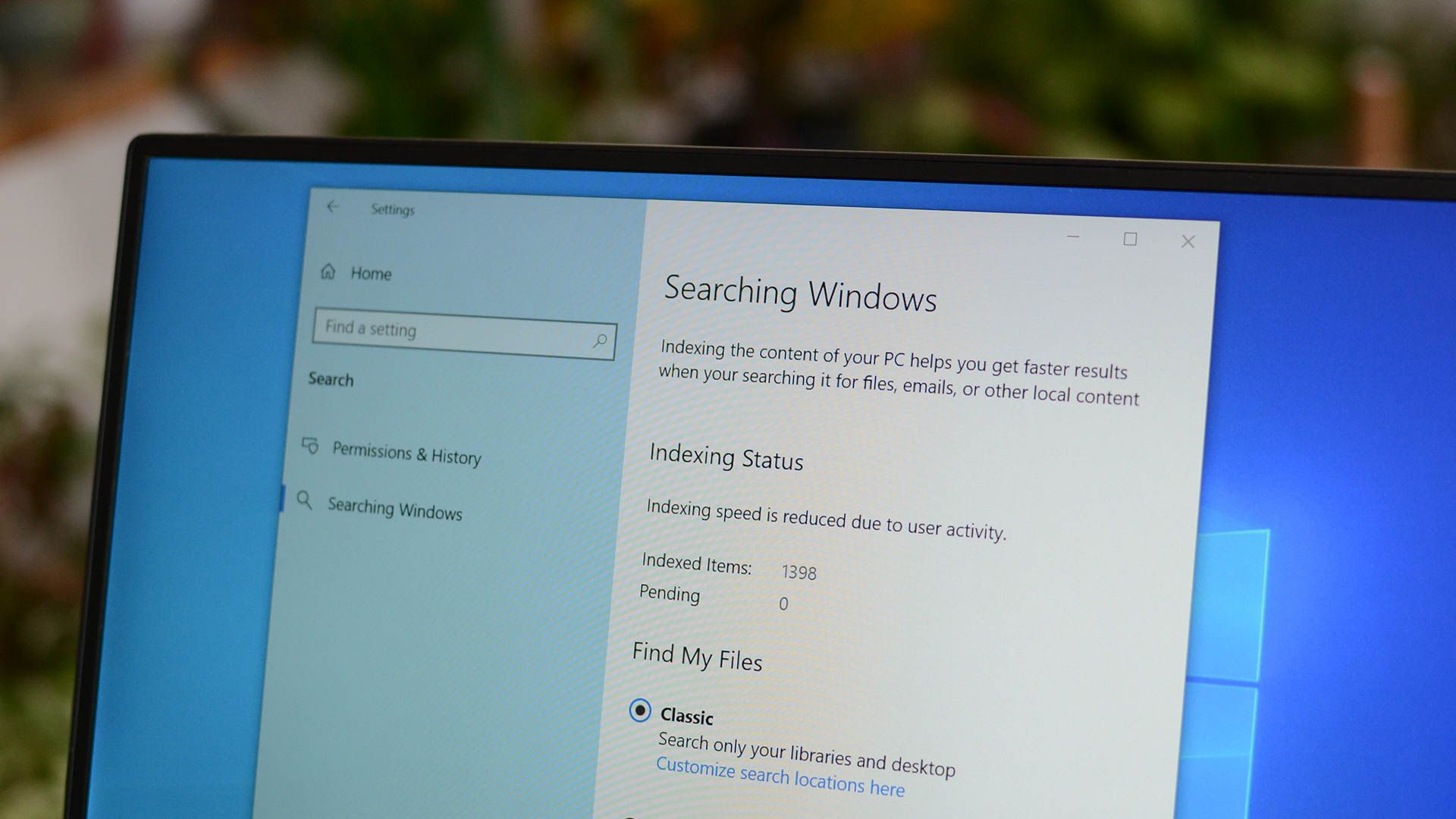 The Windows search settings. 