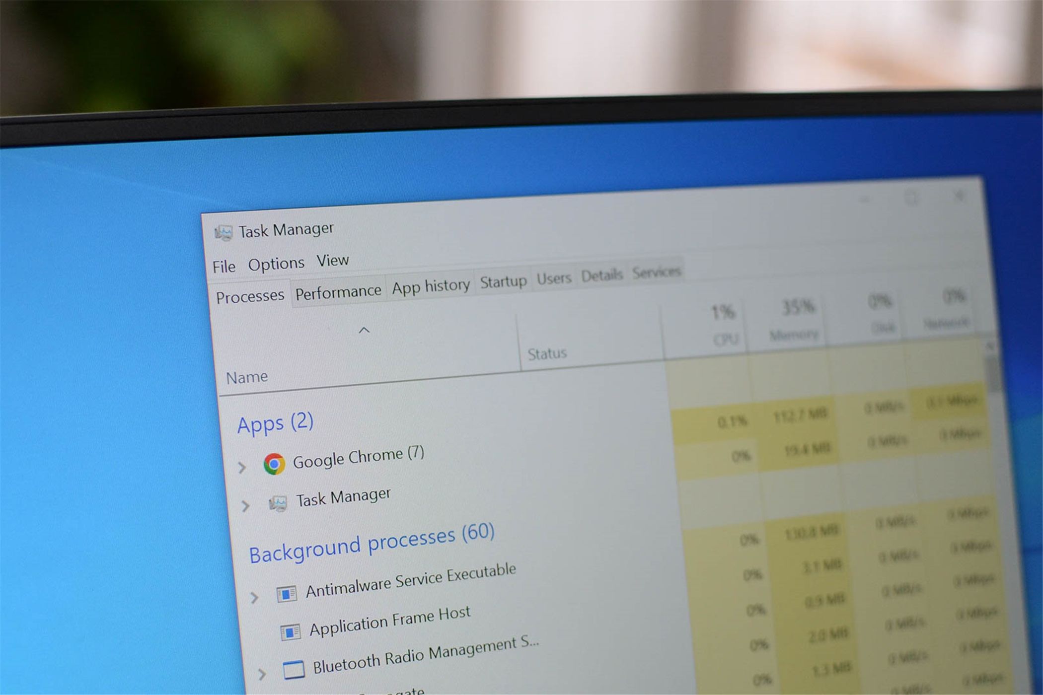 Task Manager open on Windows 10. It can be used to launch PowerShell. 
