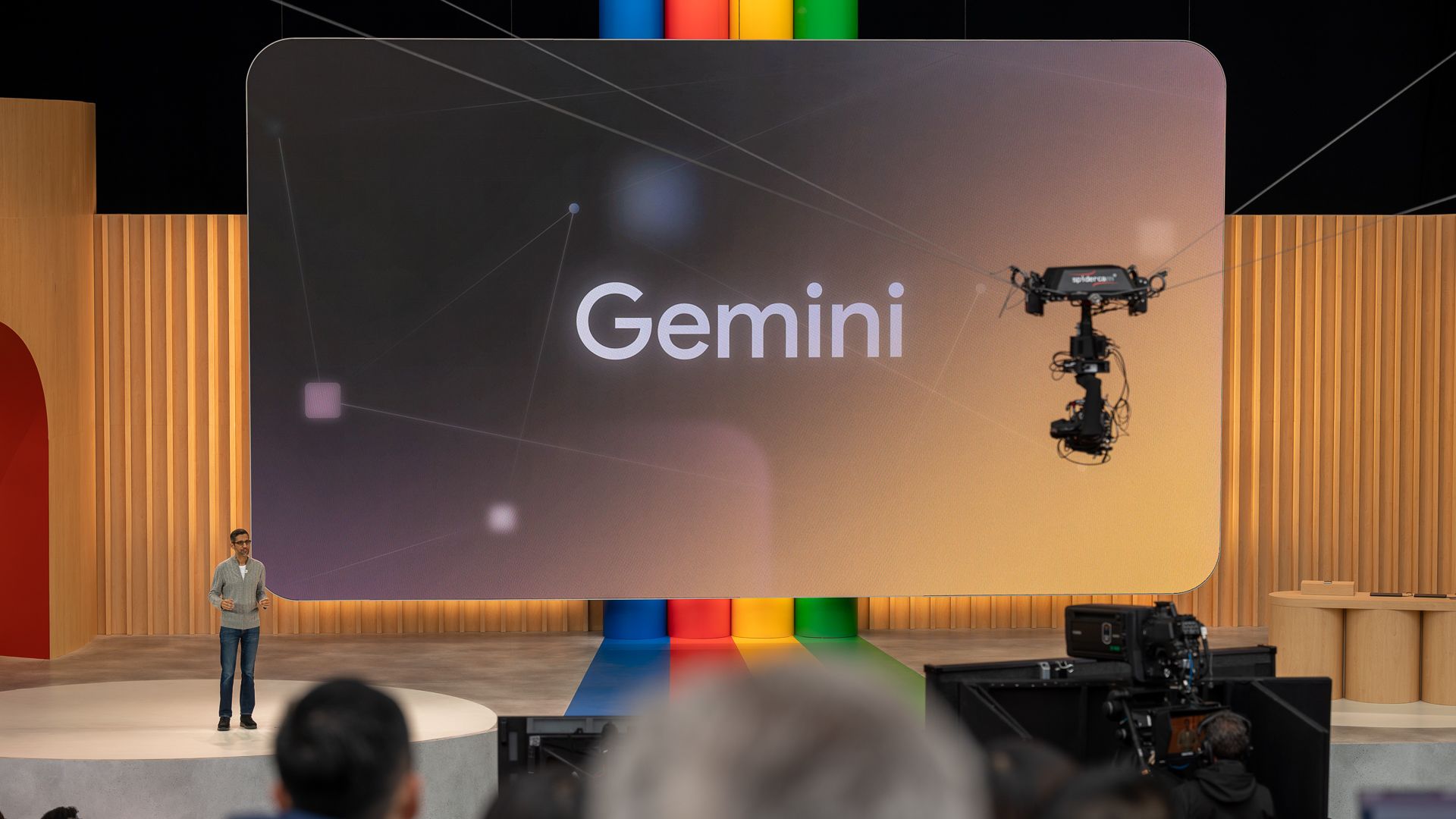 Sundar Pichai on stage at Google IO 2023 announcing Gemini.