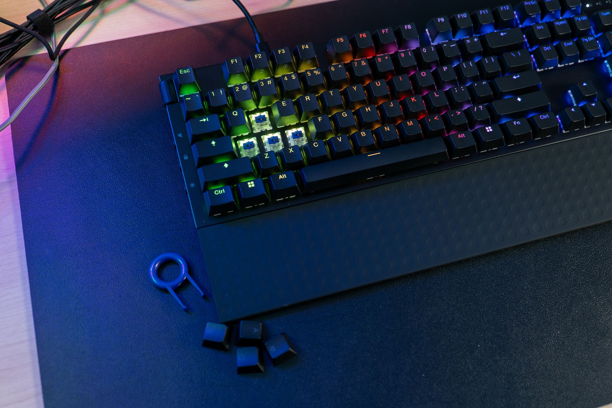 The NZXT Function 2 Full-Sized Keyboard with its WASD keycaps removed.