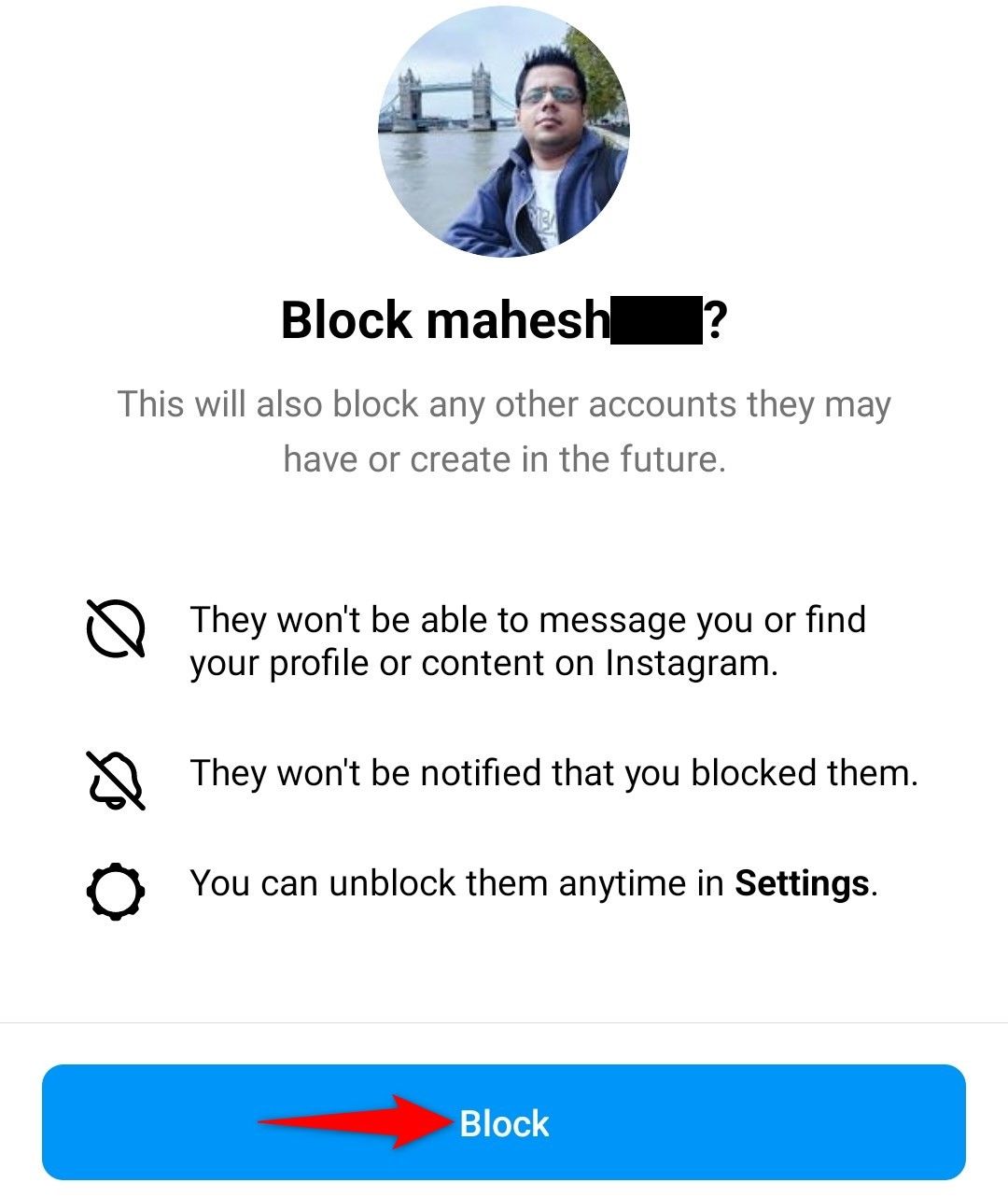'Block' highlighted in the block confirmation prompt.