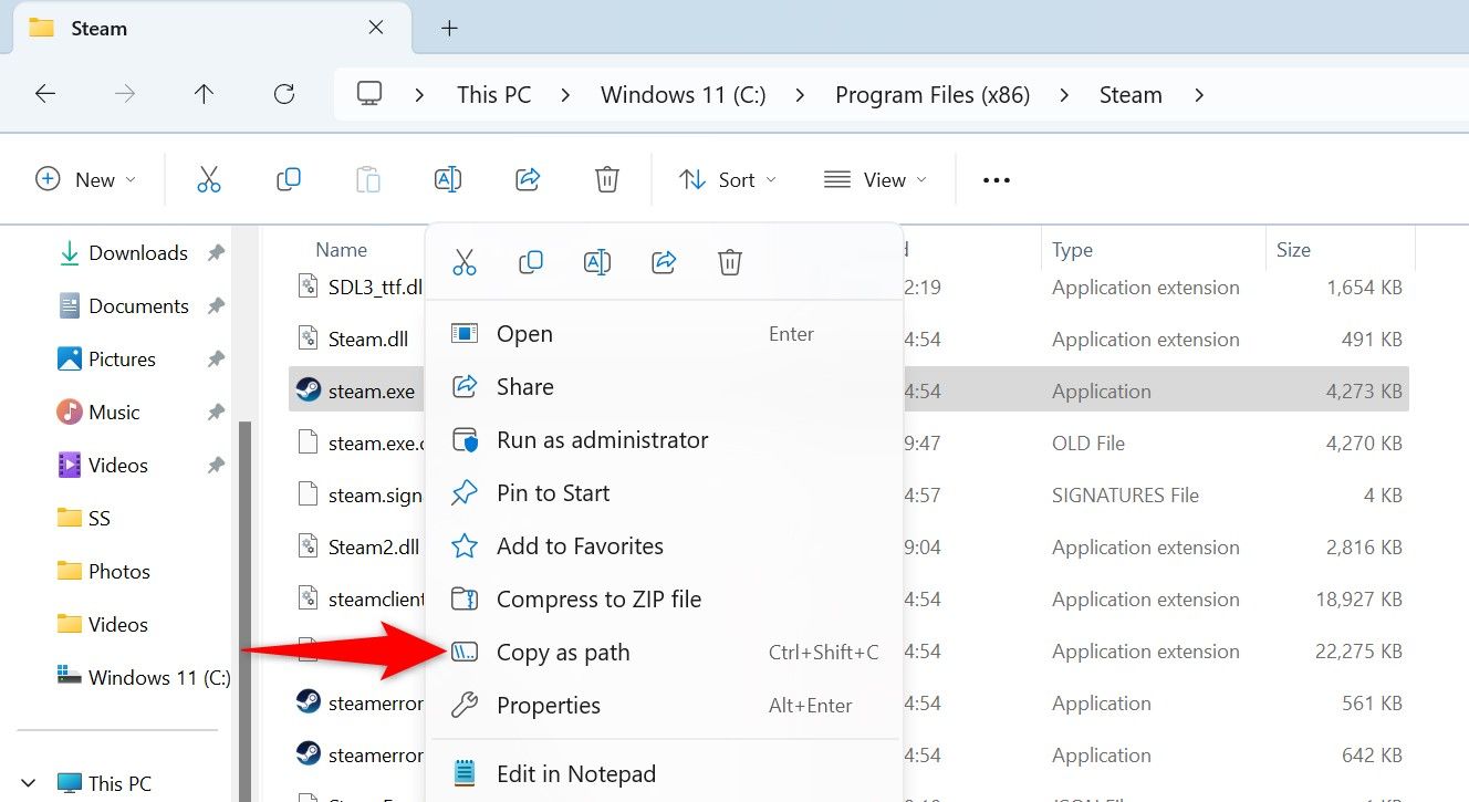 'Copy as Path' highlighted for an app in File Explorer.