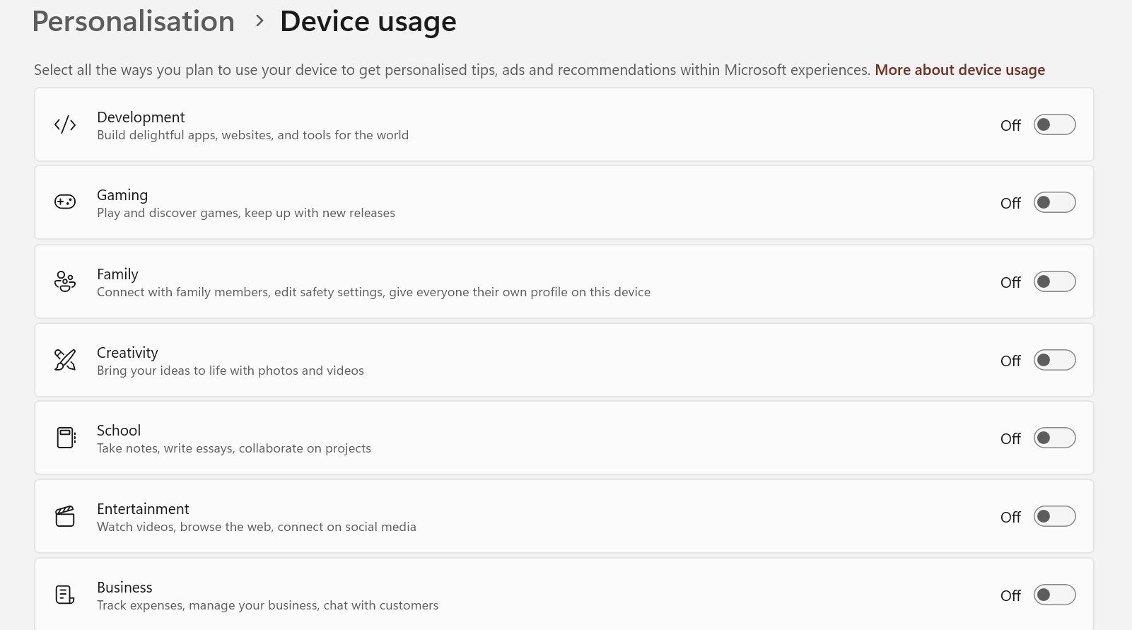 Disabling all device usage permissions in the Windows Settings app.