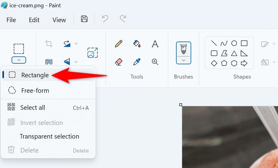 The 'Rectangle' selection tool highlighted in Paint.