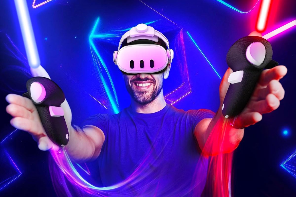 A man wearing a Quest 3 headset with arms outstretched, showing each controller covered with a DESTEK grip cover.