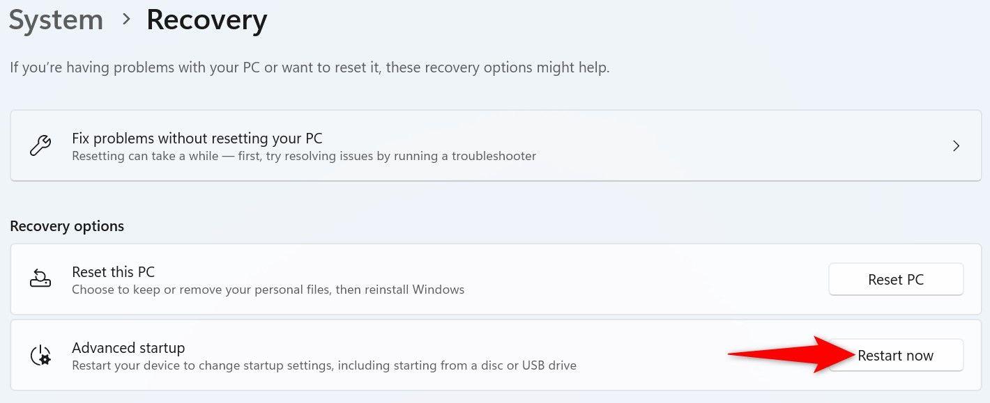 'Restart Now' highlighted for 'Advanced Startup' in Windows 11 Settings.