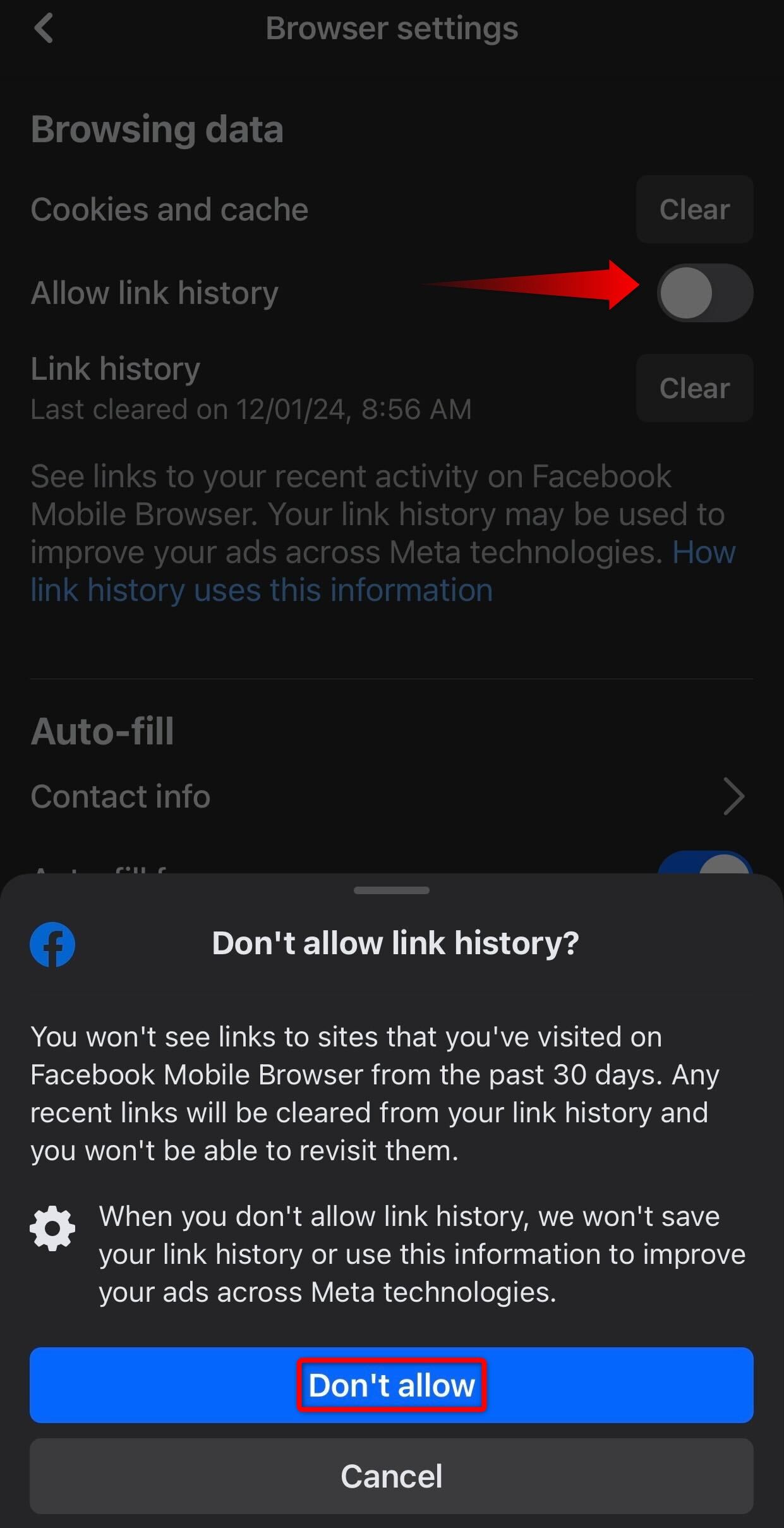 Disabling the 'Link History' on Facebook.